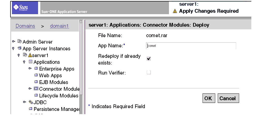 Figure shows Sun ONE Application Server Admin Server, Application Connector Modules Display