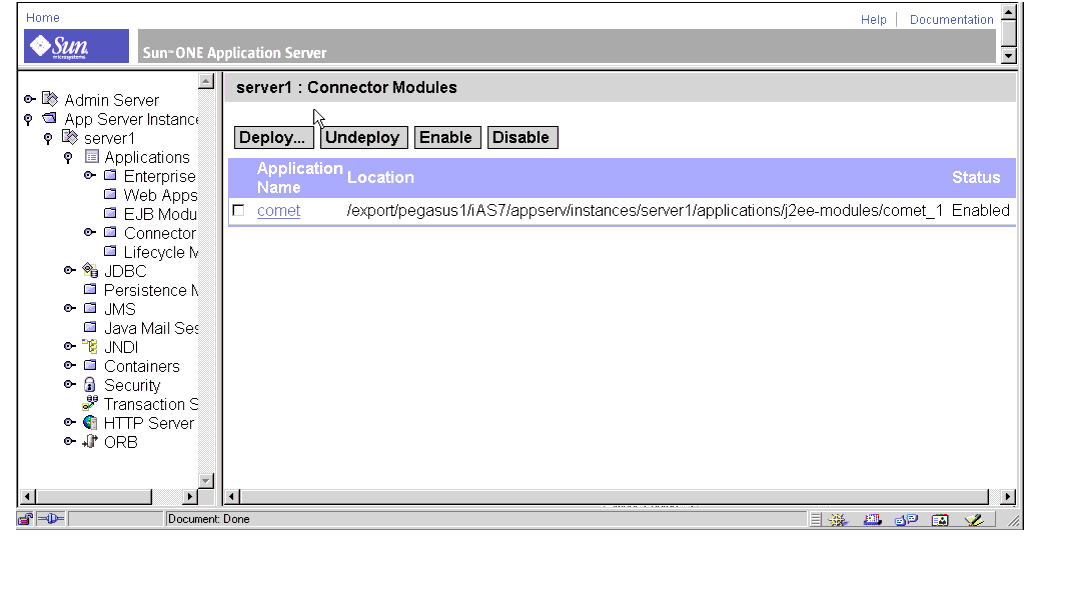 Figure shows Sun ONE Application Server Admin Server, Connector Modules Display