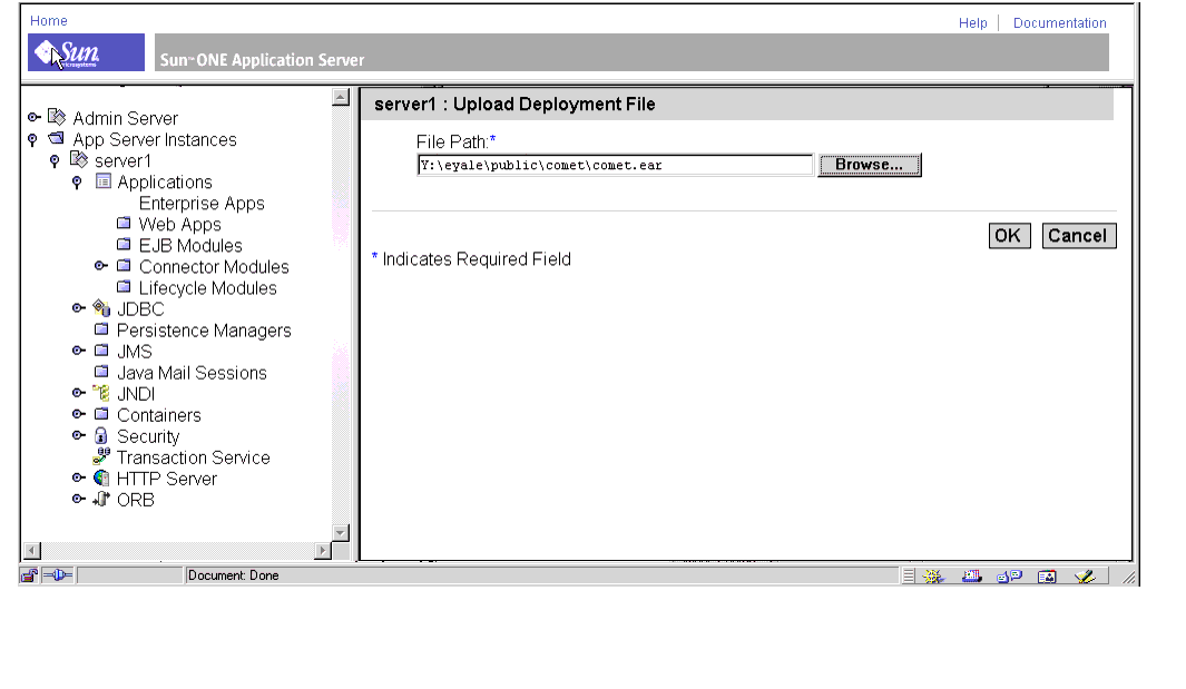 Figure shows Sun ONE Application Server Admin Server, Upload Deployment File