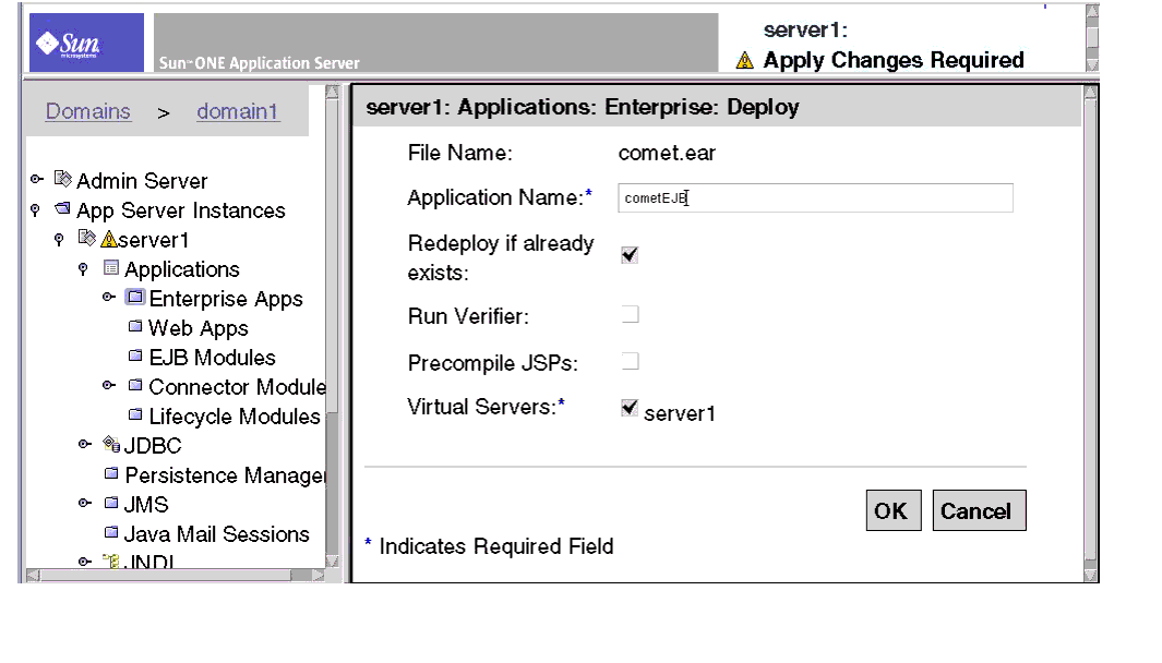 Figure shows Sun ONE Application Server Admin Server, Deploy Enterprise App Display