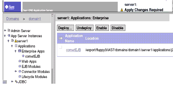 Figure shows Sun ONE Application Server Admin Server, Deploy Enterprise App Display