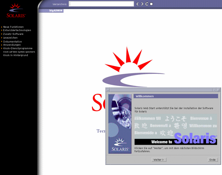 Diese Bildschirmaufnahme zeigt die Schaltflächen zum Fortfahren und Beenden im Begrüßungsfenster des Installationsprogramms. Außerdem sind in einem Internet-Browserfenster Links zu weiteren Informationen aufgeführt.
