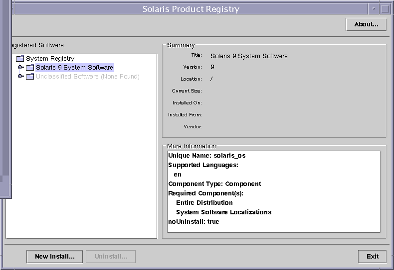 「Solaris Product Registry」画面。登録されているソフトウェア、一覧、詳細情報の各区画が表示されています。