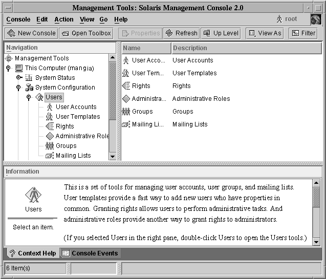 Solaris 管理コンソールでユーザーツールアイコンが選択されています。ナビゲーション区画、表示区画、情報区画が表示されています。