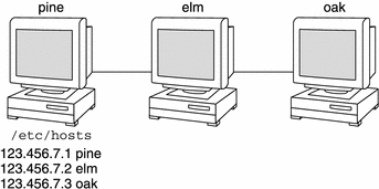 この図は、pine、elm、および oak マシンと、pine 上に登録されているそれぞれの IPアドレスを示しています。