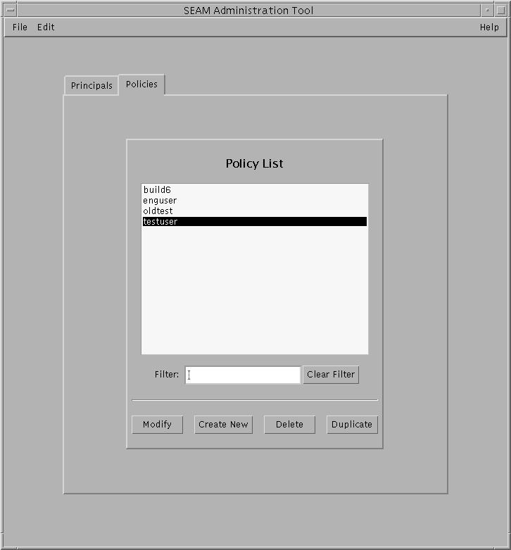 「SEAM Administration Tool」ウィンドウに、ポリシーの一覧、一覧用フィルタ、「Modify」「Create New」「Delete」「Duplicate」のボタンが表示されています。