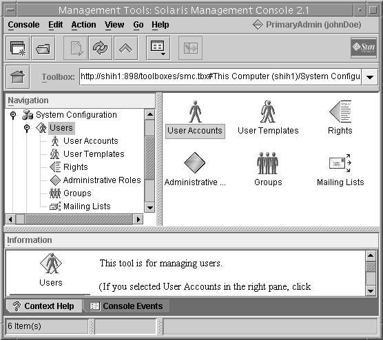 「Management Tools」ウィンドウには、左に「Navigation」区画、右に「Tools」区画、下に「Information」区画と「Context Help」が表示されています。