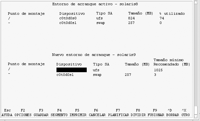 En la captura de pantalla se enumeran los sistemas de archivos de los dos entornos de arranque y se muestran las teclas para efectuar tareas.