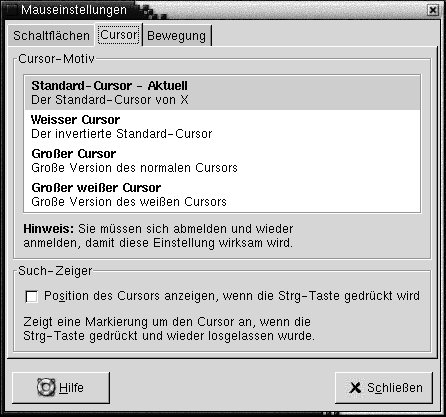 Einstellungstool "Maus", Registerabschnitt "Cursor". Enthält das Listenfeld "Cursor-Thema" und das Kontrollkästchen "Position des Cursors anzeigen, wenn die Strg-Taste gedrückt wird".