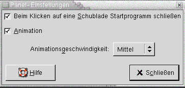 Einstellungstool "Panel". Enthält: Kontrollkästchen "Schublade schließen, wenn Startprogramm angeklickt ist", "Animation", Dropdown-Listenfeld "Animation".