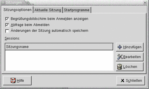 Einstellungstool "Sitzungen", Registerabschnitt "Sitzungsoptionen". Die Grafik ist selbsterklärend. Einstellungstool "Sitzungen", Registerabschnitt "Sitzungsoptionen". Die Grafik ist selbsterklärend.