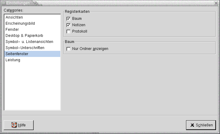 Dialogfeld "Einstellungen", Abschnitt "Seitenfenster". Die Grafik ist selbsterklärend.