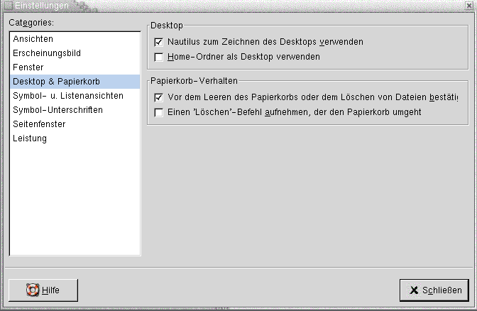 Dialogfeld "Einstellungen", Abschnitt "Desktop und Papierkorb". Die Grafik ist selbsterklärend.