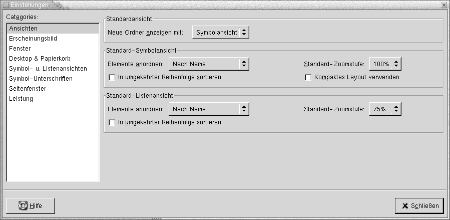 Zeigt das Dialogfeld "Einstellungen", Abschnitt "Ansichten". Die Grafik ist selbsterklärend.