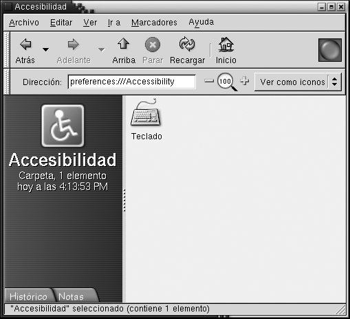 Accesibilidad en Preferencias del escritorio en Nautilus. El panel de visualización incluye el icono Teclado.
