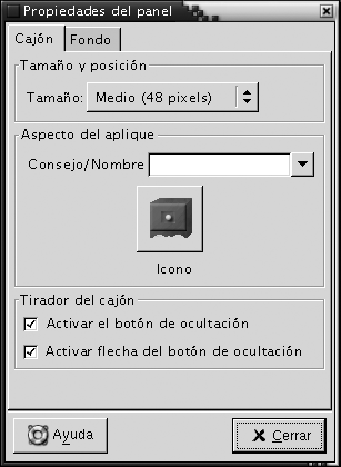 Cuadro de diálogo de Propiedades del panel para un caján. El contexto describe el gráfico.