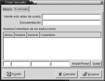 Cuadro de diálogo de Propiedades del lanzador, sección Avanzado. El contexto describe el gráfico.