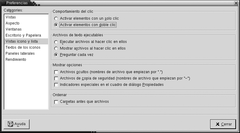 Cuadro de
dialogo preferencias Preferencias, seccion, Vistas icono y lista. El
contexto describe el grafico.