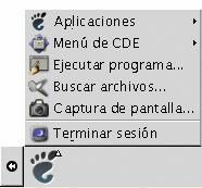 Panel de GNOME desplegado. Elementos del menú: Aplicaciones, Menú de CDE, Ejecutar programa, Buscar archivos, Captura de pantalla, Bloquear pantalla, Terminar sesión.