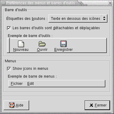 Outil Préférences des menus et barres d'outils. Le contexte décrit le graphique.