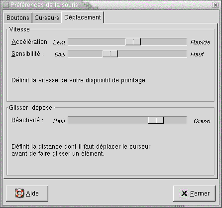 Outil Préférences de la souris, onglet Déplacement. Contient : les curseurs Accélération, Sensibilité, Réactivité.