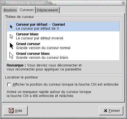 Outil Préférences de la souris, onglet Curseurs. Contient : zone de liste Thème de curseur, case à cocher Afficher la position du curseur lorsque la touche Ctrl est enfoncée.