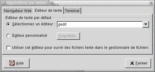 Outil de préférence Applications par défaut, onglet Éditeur de texte. Le contexte décrit le graphique.