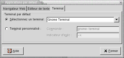 Outil de préférence Applications par défaut, onglet Terminal. Le contexte décrit le graphique.