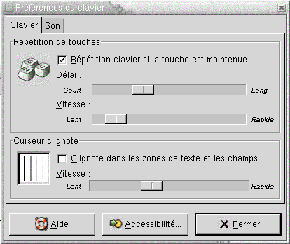 Outil de préférence Clavier, onglet Clavier. Le contexte décrit le graphique.