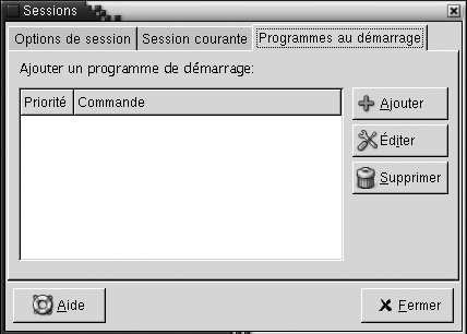 Outil de préférence Sessions, onglet Programmes au démarrage. Le contexte décrit le graphique. Outil de préférence Sessions, onglet Programmes au démarrage. Le contexte décrit le graphique.