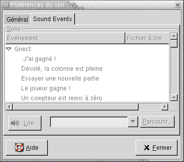 Outil de préférence Son, Onglet Évènements sonores. Le contexte décrit le graphique.