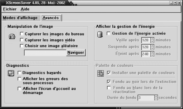 Outil de préférence de l'écran de veille, onglet Avancés. L'aide contextuelle décrit le graphique.