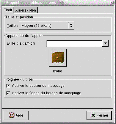 Boîte de dialogue Propriétés du tableau de bord d'un tiroir. Le contexte décrit le graphique.