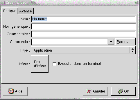 Boîte de dialogue Créer lanceur, onglet Basique. Le contexte décrit le graphique.