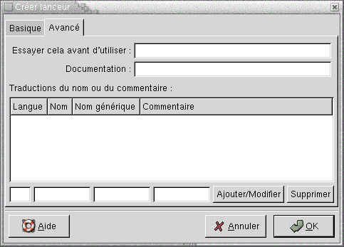 Boîte de dialogue Propriétés du lanceur, onglet Avancées. Le contexte décrit le graphique.
