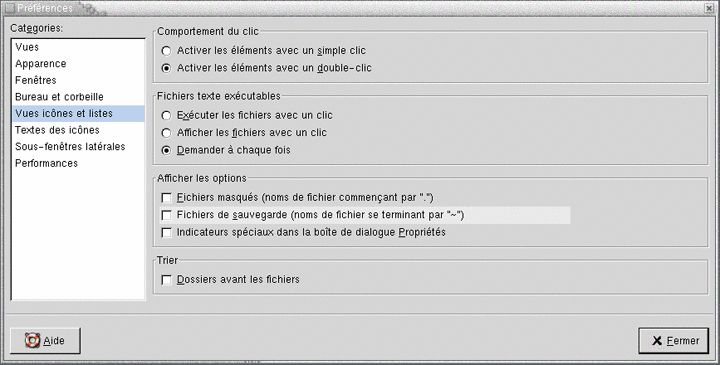 Boîte de dialogue Préférences, rubrique Vues Icône et Liste. Le contexte décrit le graphique.