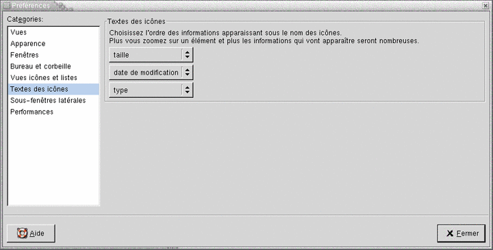 Boîte de dialogue Préférences, rubrique Textes des icônes. Le contexte décrit le graphique.