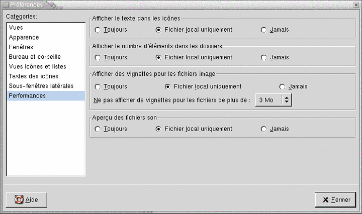 Boîte de dialogue Préférences, rubrique Performance. Le contexte décrit le graphique.