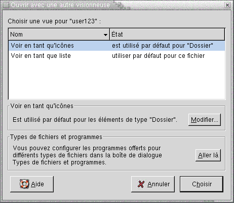 Boîte de dialogue Ouvrir avec un autre afficheur. Contient : table des vues disponibles. Contient : boutons Modifier et Aller à. Contient : boutons Aide, Annuler et Choisir.