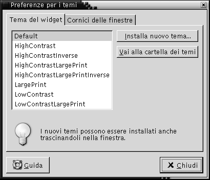 Scheda Tema del widget della finestra Preferenze per i temi. Il contesto descrive l'immagine.