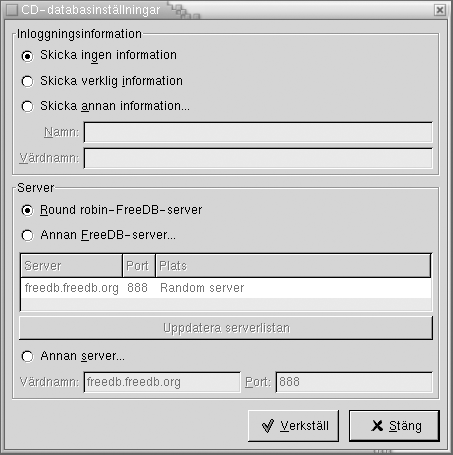 Inställningsverktyget Cd-databas. Sammanhanget beskriver bilden.