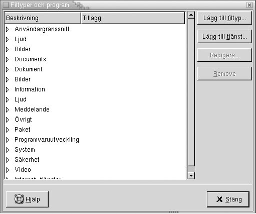 Inställningsverktyget Filtyper och program. Sammanhanget beskriver bilden.