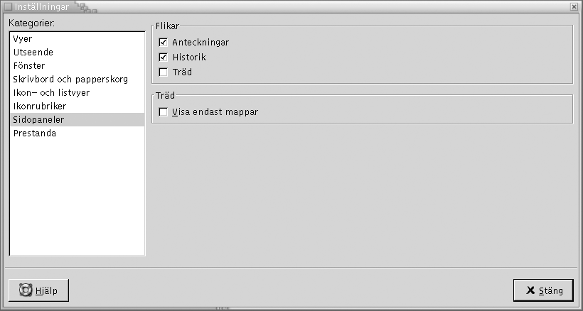 Dialogfönstret Inställningar, delen Sidopaneler. Texten beskriver bilden.