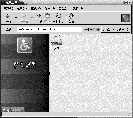 Nautilus 中的桌面個人喜好之輔助性。檢視窗格含有鍵盤圖示。