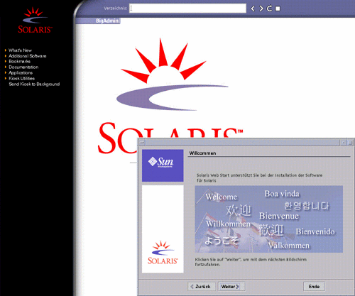 Diese Bildschirmaufnahme zeigt die Schaltflächen zum Fortfahren und Beenden im Begrüßungsfenster des Installationsprogramms. Außerdem sind in einem Internet-Browserfenster Links zu weiteren Informationen aufgeführt.