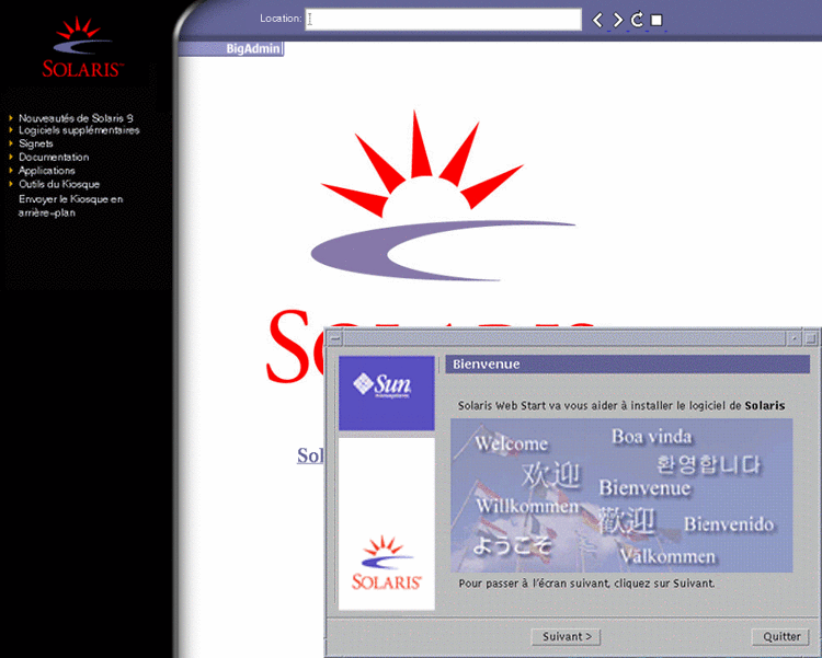 Le menu Kiosque affiche une liste de sites Web auxquels vous pouvez accéder, tandis que la boîte de dialogue d'installation affiche les boutons Suivant et Quitter.