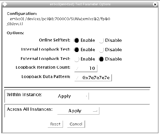 Screenshot of the cmptest Test Parameter Options dialog box.