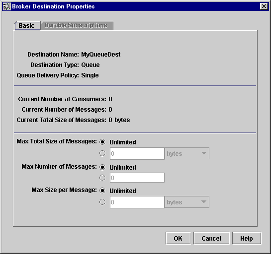 Broker Destinations Properties dialog. Buttons from left to right: OK, Cancel, Help.
