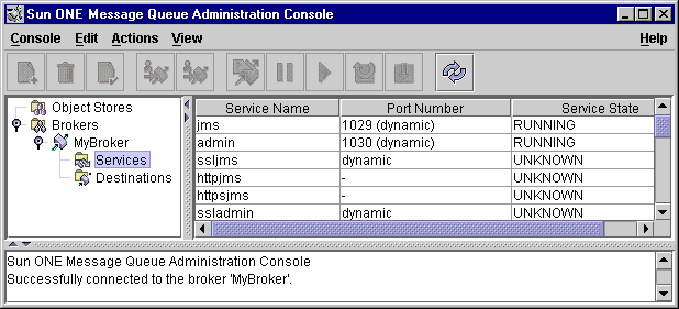 MQ Administration Console window. Broker services node selected. Contents of node displayed in the contents pane.
