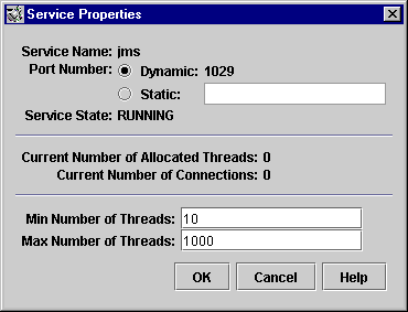 Service Properties dialog. Buttons from left to right: OK, Cancel, Help.
